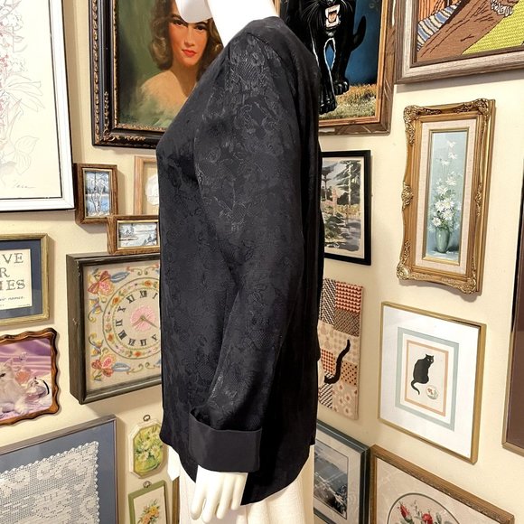 80s Vintage Signet Black Rayon Lace Print Jacquard One Button Long Sleeve Jacket - Picture 2 of 6